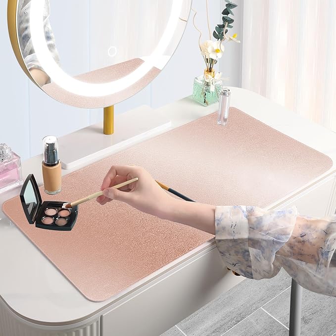 Makeup Mat for Vanity to Protect Desk Top 23.6 x 11.8in, Dual-Sided Makeup Mat, Easy to Clean Desk Pad - Waterproof and Oilproof Vanity Accessories (Rose Gold and Pink)