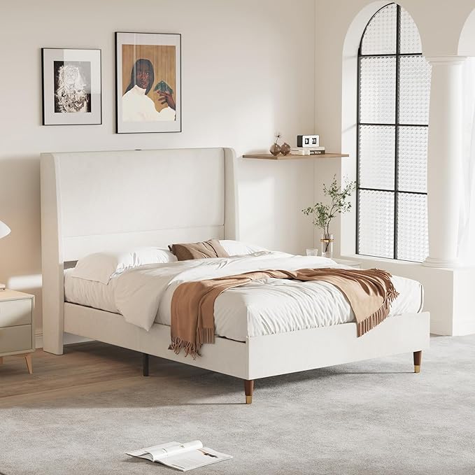 MALOL Full Size Bed Frame with Upholstered Headboard, Linen Fabric Platform Bed Frame with USB Charging Ports, No Box Spring Needed, Sturdy Metal Support, Noise Free, Modern Bedroom Furniture,White