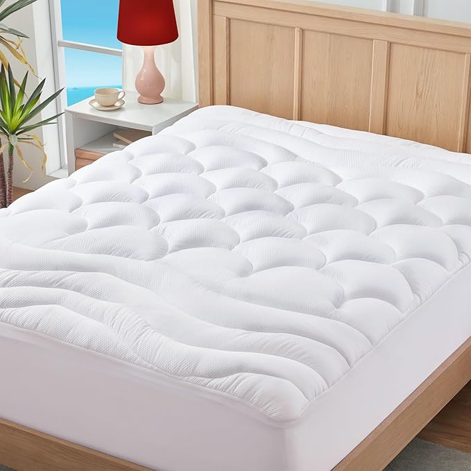 ELVEN HOME Queen Mattress Pad for Back & Hip Pain Relief, Pillow Top Cooling Bed Topper Quilted Fitted, Hotel Quality Deep Pocket Soft Queen Mattress Protector Cover Washable (60x80 inch, White)