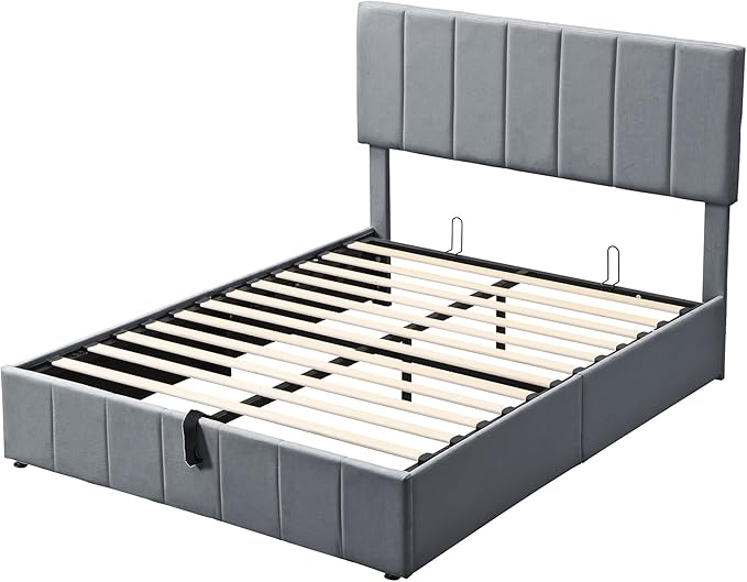 Harper & Bright Designs Upholstered Full beds Gas Lift Up Storage Platform Bed Frame with Tufted Headboard Wooden Slat Support and Under Bed Storage, Grey