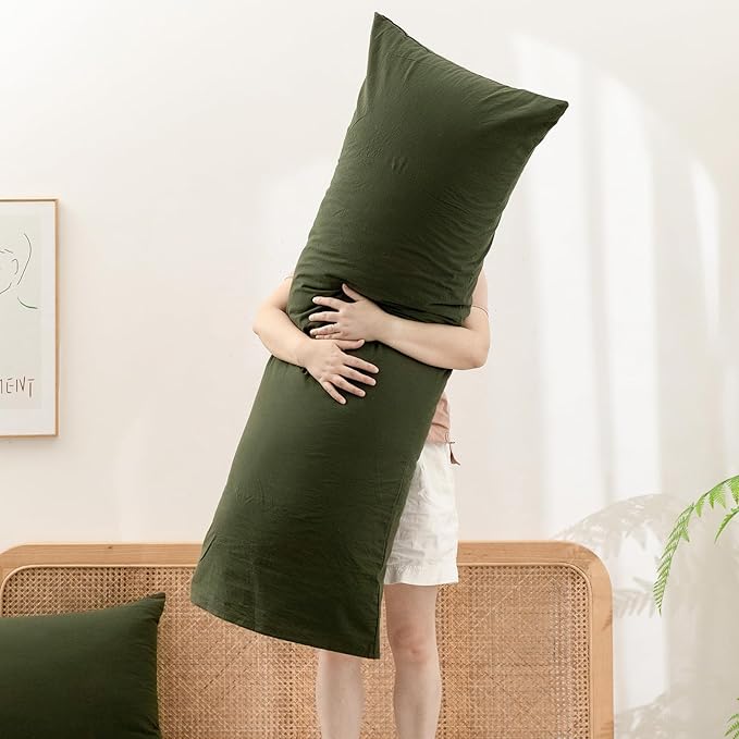 BESTOUCH 100% Washed Cotton Pillowcase for Hair and Skin Linen Feel Soft Comfortable Breathable 1 Pcs Pillow Case with Envelope Closure Solid Olive Green Body 20x54 Inches