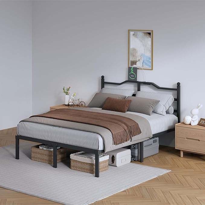 SHOANED Bed Frame with Charging Station - 14 Inch Queen Size Heavy Duty Metal Bedframe with Headboard Black Basic Steel Slats Platform No Box Spring Needed