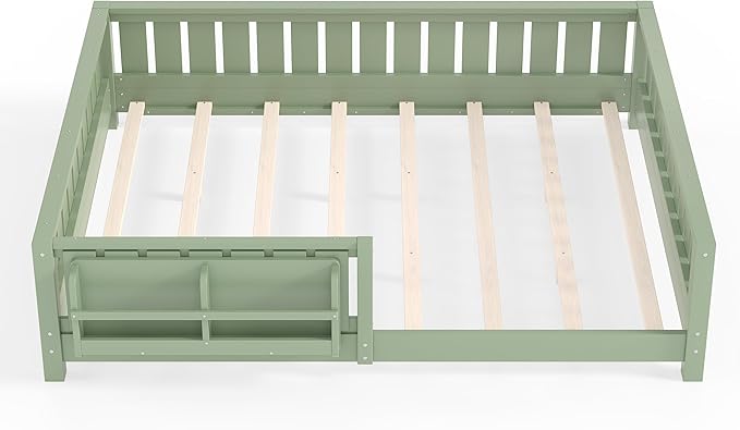 Bellemave Queen Floor Bed Frame with Fence & Bookshelf, Solid Pinewood Montessori Floor Bed Frame Queen with Slats Load 550LBS, Low Floor Bed for Bedroom, Nursery, Easy Assembly, Green