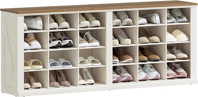 Hzuaneri Farmhouse Shoe Storage Bench, Entryway Shoe Cubby Bench, Widened Wooden Shoes Cubbies with Compartments, Shoes Rack Benchs for Cloakroom, Entryway, Antique White SB52514B