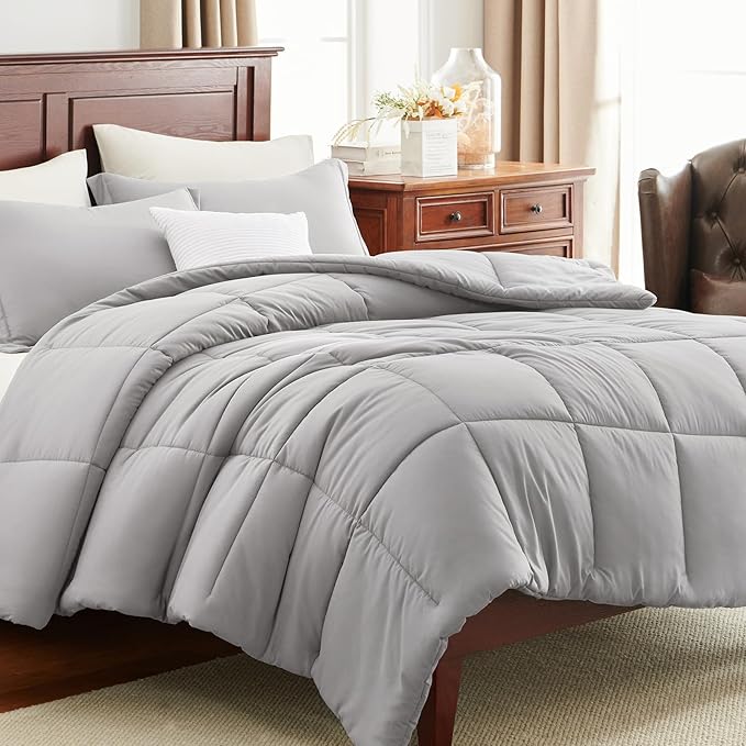 CozyLux Full Size Comforter Sets - 270GSM French Grey Bedding Sets for All Seasons, 3 Pieces Box Stitched Bed Set with 1 Down Alternative Comforter and 2 Pillow Shams, Soft, Lightweight, Breathable
