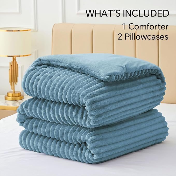 BEDELITE Fleece King Comforter Set -Super Soft & Warm Fluffy Blue Fog Bedding, Luxury Fuzzy Heavy Bed Set for Winter with 2 Pillow Cases
