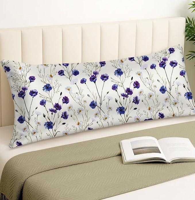 Miss Adola Silk Body Pillow Cover with Zipper - 20x54 Inch Silk Long Pillow Case for Women Ladies Adults Soft Bed Decorative Cute Boho Large Body Pillowcase Sham for Hair and Skin, Blue Daisy