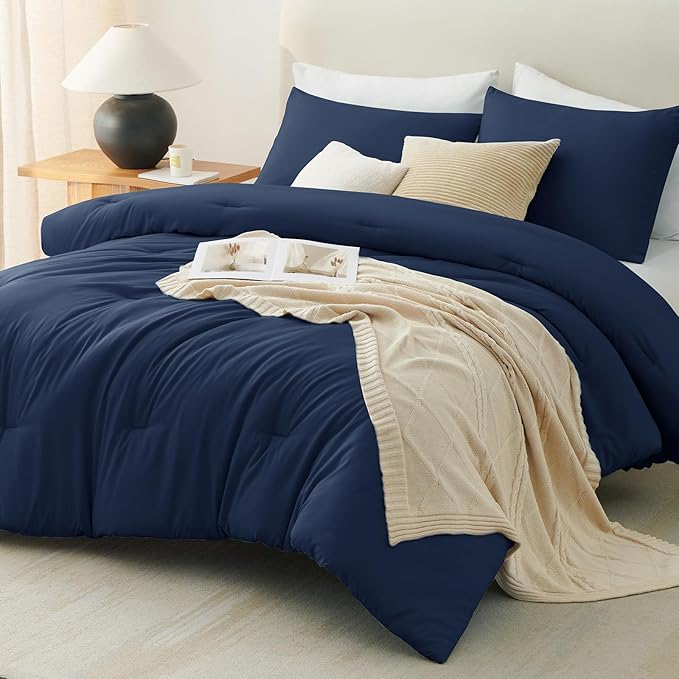 CozyLux California King Comforter Set Navy Blue, 3 Pieces Cal King Solid Breathable Quilted Bedding Sets All Seasons, Luxury Soft Lightweight Bed Set with Down Alternative Comforter and 2 Pillowcases