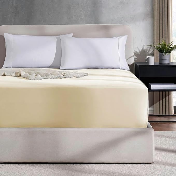 Nestl 2 Pack Beige Cream Fitted Sheet Extra Deep Pocket, Hotel Luxury Cal King Fitted Sheet Only Easily Fits 18 to 24 Inch Mattress, Super Soft, Wrinkle-Free and Breathable with Corner Straps