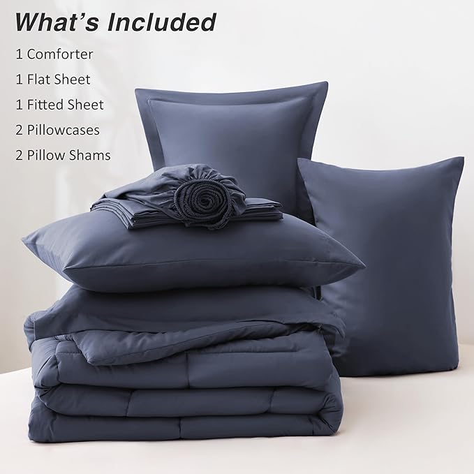 Love's cabin Full Comforter Set Indigo Blue, 7 Pieces Full Bed in a Bag, All Season Bedding Sets with 1 Comforter, 1 Flat Sheet, 1 Fitted Sheet, 2 Pillowcase and 2 Pillow Sham | Soft, Breathable, Lightweight, Comfortable