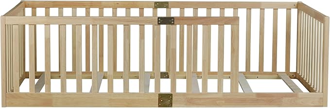 Bellemave Twin Size Montessori Floor Bed with 21.5" High Rails, Rubber Wood Twin Floor Bed with Slats, Natural