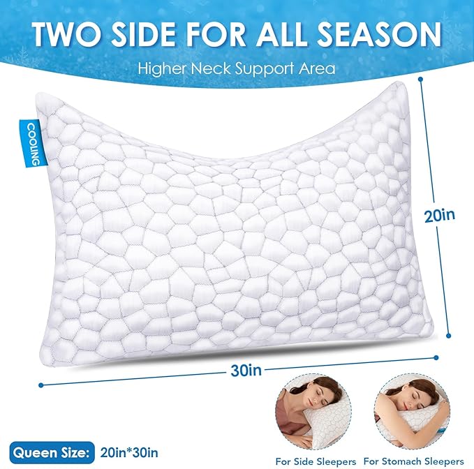 Cooling Pillow Queen Size Set of 2, Adjustable Bed Pillows for Sleeping, Luxury Shredded Memory Foam Side Sleeper Pillows 2 Pack, Cool No Flat Firm Cervical Neck Pillow for Side Sleepers Neck Pain