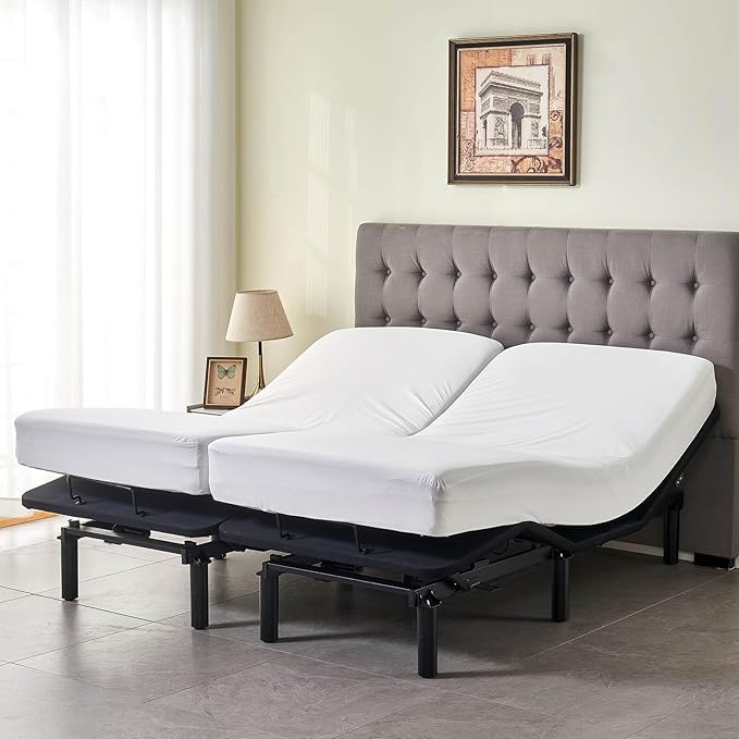Kingnex Waterproof Split California King Mattress Protector for Adjustable Bed 2 Cali Twin XL Fitted Sheet Style Mattress Cover with Enhanced Elastic Skirt White
