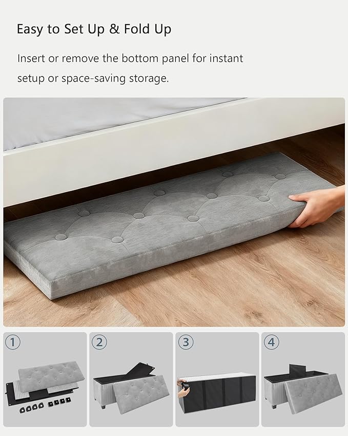 LITZFUR Storage Ottoman Bench, 43 Inch Foldable Ottoman with Legs, Velvet Foot Rest Stool, End of Bed Bench, Storage Chest for Living Room, Bedroom (Grey)