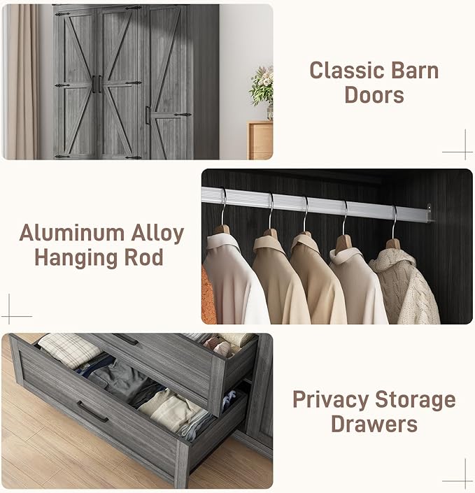 Hlivelood 3 Doors Wardrobe Armoire Closet with Doors and Drawers, Farmhouse Wooden Armoire Storage Cabinet with Shelves & Hanging Rod for Bedroom, Grey