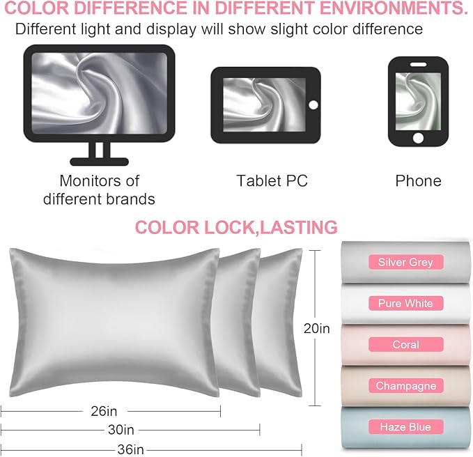Silk Pillow Cases 2 Pack Standard Size with Hidden Zipper, Mulberry Silk Pillowcase for Hair and Skin, Smooth and Soft Breathable Cooling Silk Satin Pillowcase Set of 2, Gifts for Women,Light Grey