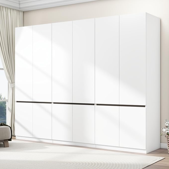 Armoire Wardrobe Closet with Doors: 75" White Large Wardrobe Closet with 6 Doors, Clothes Cabinets for Bedroom Armoires with Storage, Wood Wardrobes Closets for Hanging Clothes(C+C+C, 94.5")