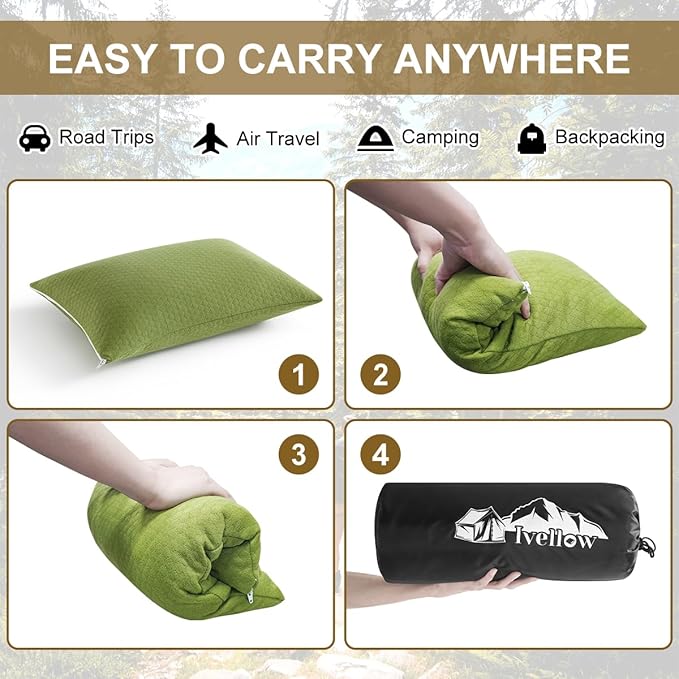 Ivellow Memory Foam Travel Pillow - Compact, Lightweight, Breathable & Hypoallergenic - Adults & Kids - Camping, Hiking, Travel - Avocado Green