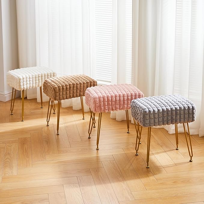 IBUYKE Rectangular Footrest Stool Ottoman, Makeup Vanity Stool Side Table, Velvet Dressing Table Seat, Footstool Chair, Golden Steel Legs, for Makeup Room, Bedroom, Square Grid Pattern, Grey WBD003G