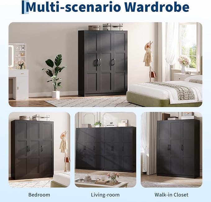 Garvee 3 Doors Wooden Wardrobe Closet, Morden Wardrobe Armoire with Doors and Shelves, Standing Closet Cabinet for Hanging Clothes, Large Capacity Storage Cabinet for Bedroom, Black