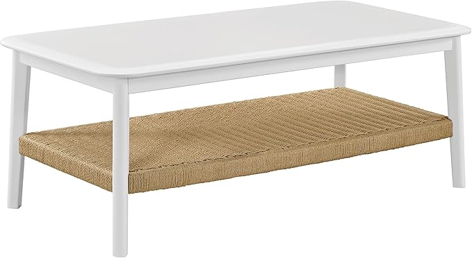 Alaterre Furniture Calais 48 Inch Rectangular Wood Coffee Table with Woven Storage Shelf – Mid Century Modern 2-Tier Living Room Table (White)