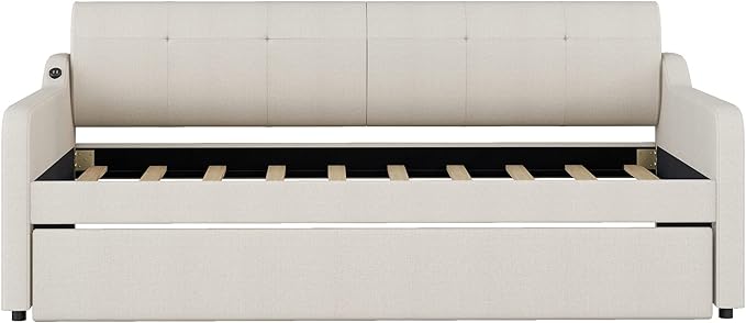 Daybed with Trundle and USB Charging Design, Twin Size Upholstery Day Bed Frame, Trundle can be Flat or erected,Beige