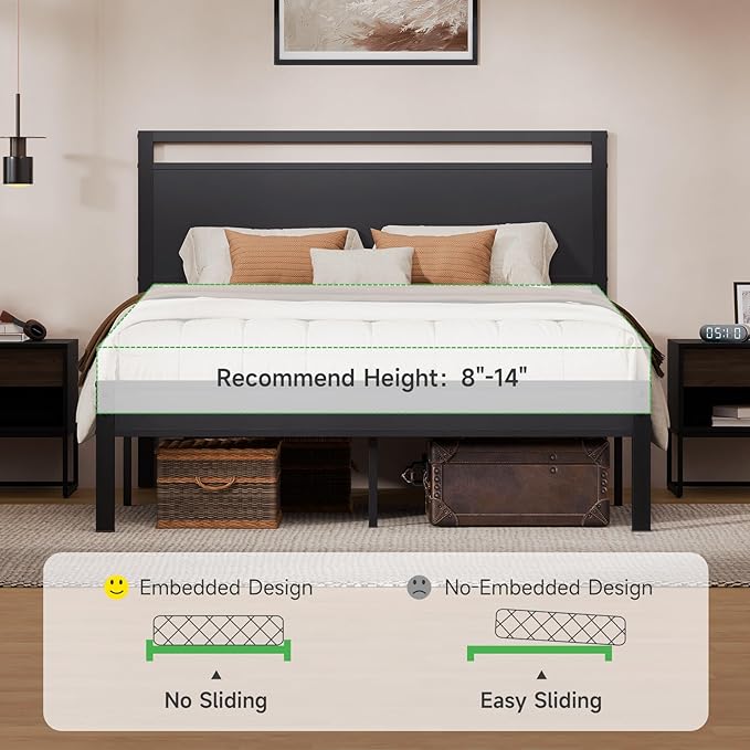 Easy to Assemble Queen Bed Frame with Wood Headboard & Footboard, Tool-Free Metal Platform Bed Frame, Upgraded Heavy Duty Sturdy Foundation, No Noise, No Box Spring Needed,Large Under Storage, Black