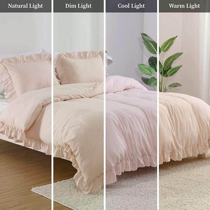 CAROMIO Pink Ruffle Duvet Cover Queen Size, 3PCS Soft Washed Microfiber Vintage French Country Duvet Cover Set for Queen Bed, Pink, 90x90 in