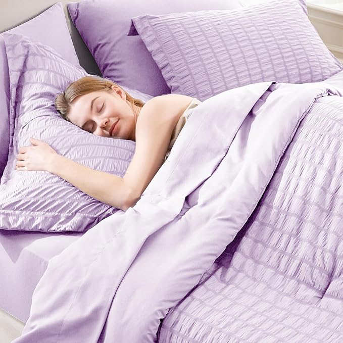 CozyLux Queen Comforter Set Light Purple Seersucker 7 Pieces Bed in a Bag Queen Comforter Set with Sheets, Lavender Luxury Bedding Sets with Down Alternative Comforter, Sheets, Pillowcases & Shams