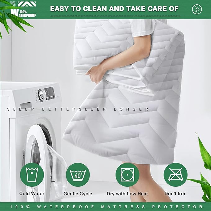 Unilibra King Size Waterproof Mattress Pad Rayon Made from Bamboo, Quilted Breathable Mattress Protector, 6''-25'' Deep Pocket Fitted Mattress Cover White