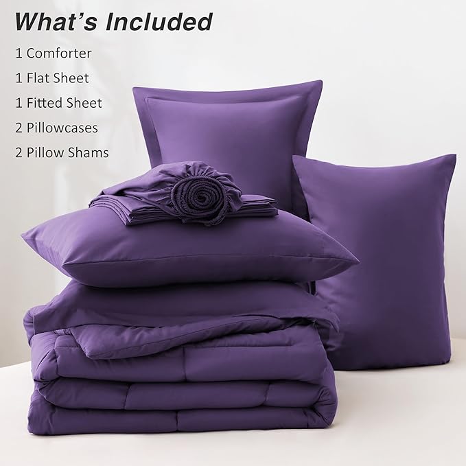 Love's cabin Queen Comforter Set Dark Purple, 7 Pieces Queen Bed in a Bag, All Season Bedding Sets with 1 Comforter, 1 Flat Sheet, 1 Fitted Sheet, 2 Pillowcase and 2 Pillow Sham | Soft, Breathable, Lightweight, Comfortable
