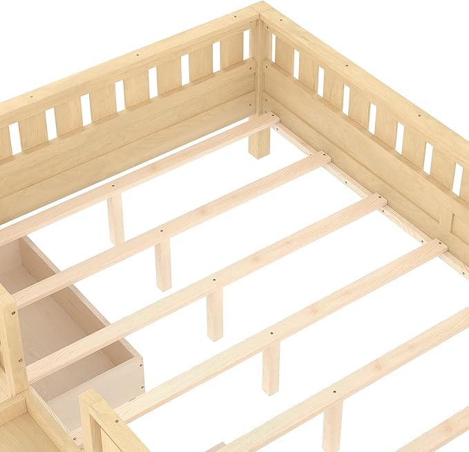 Bellemave Queen Bed with Storage Drawers & Bookshelf, Low Profile Kids Bed Frame with Staircase & Full Length Guardrails, Solid Wood Queen Bed for Kids with Slats Load 550LBS, Easy Assembly, Natural