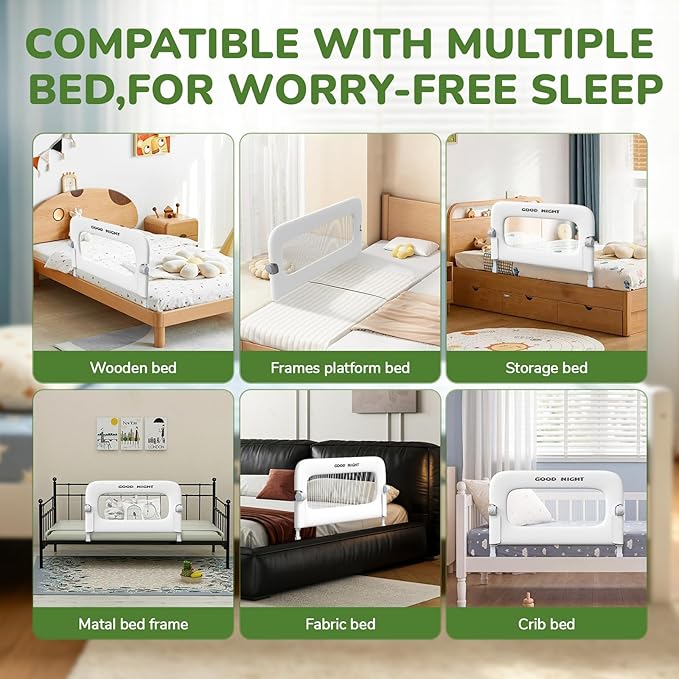 Bed Guard Rail for Toddlers - 32" Adjustable Heights & Folding up Portable Bed Railing for Baby - Toddler Bed Rails Guard for Crib, Twin, Bunk,Full Size, Queen & King Bed(White)