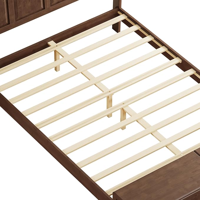 KEIKI Queen Size Bed Frame with Storage Bench, Solid Wood Sleigh Bed with High Headboard and 64" Storage Chest, Rubberwood Platform Bed, No Box Spring Required, Walnut Brown