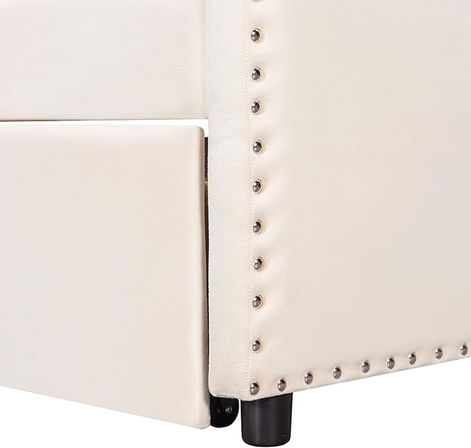 Merax Velvet Upholstered Daybed with Pop Up Trundle Twin to King Desigin, Twin Size Extendable Sofa Bed, Easy Assembly,No Box Spring Needed, Beige