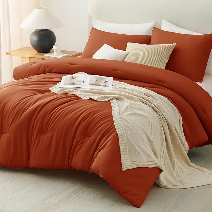 CozyLux Terracotta King Size Comforter Set, 3 Pieces Burnt Orange Rust Solid Breathable Quilted Bedding Sets, Luxury Fluffy Soft Bed Set with Down Alternative Comforter and 2 Pillowcases All Season