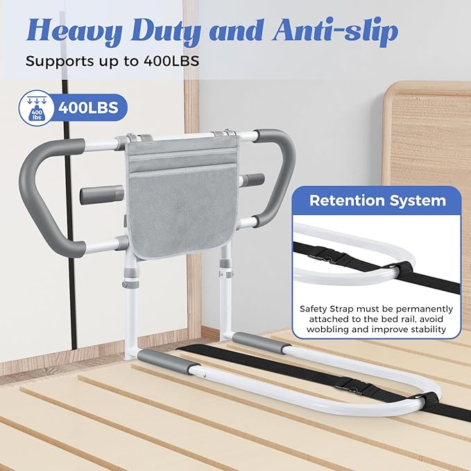 Bedside Rail for Elderly Safety Adjustable Bed Aid with Storage Pocket, Non-Slip Handle,400 lbs Gravity Capacity Gray(Stand-Compatible with Bed Frames 13.19" or Higher)