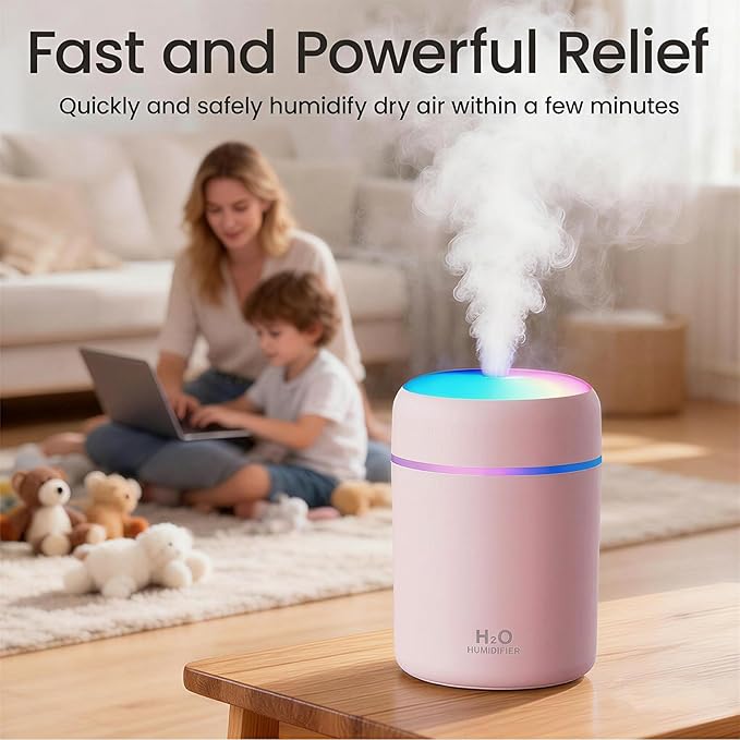 Portable Colorful Cool Mini Humidifier,Aroma Essential USB Personal Desktop Humidifier, for Bedroom, Office & Car(300ml, White) (pink)