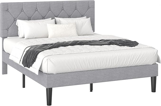 VECELO Full Size Bed Frame with Button Tufted Headboard, Upholstered Platform Bedframe with Wood Slat Support, No Box Spring Needed, Dark Grey