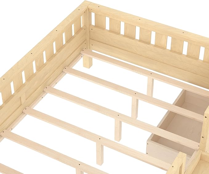 Bellemave Full Size Kids Montessori Bed with Stairs and Bookshelf,Solid Wood Full Size Kids Bed Frame with Drawers and Storage for Girls Boys,Low-Profile,Light Natural