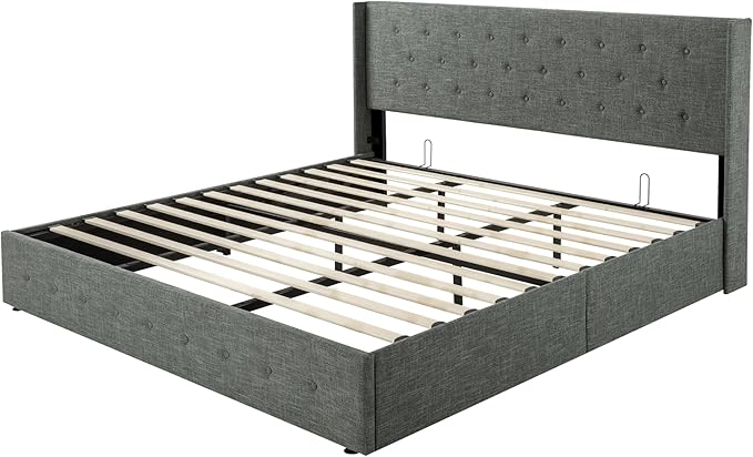 SHA CERLIN King Size Lift Up Storage Bed Frame,Button Tufted Wingback Headboard,Upholstered Platform,Hydraulic Storage,Wooden Slat Support,No Box Spring,Dark Grey