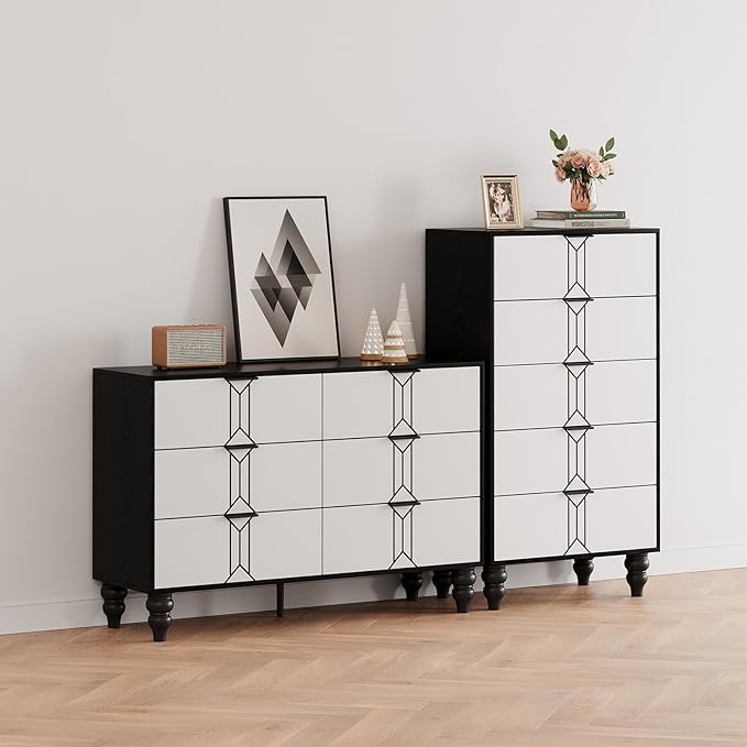 IDEALHOUSE Modern Wooden 6 Drawer Dresser with Vintage Pattern Design, Chest Dresser with Deep Drawers for Bedroom, Living Room and Entryway, Black and White