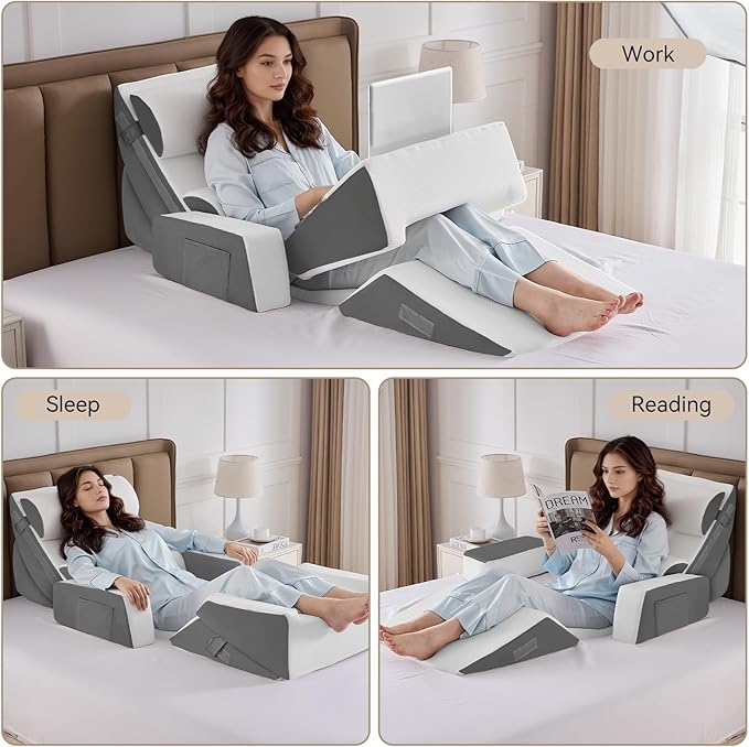Yojoker 9PCS Orthopedic Bed Wedge Pillow Set for Sleeping, Back and Leg Pain Relief, Post Surgery Foam Pillow for Body, Triangle Adjustable Support Pillow - Acid Reflux Sleeping Pillows Grey