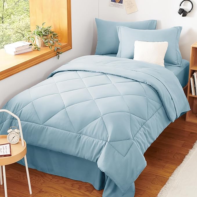 CozyLux Twin XL Comforter Set Light Blue - 5 Pieces Twin Extra Long Bed in a Bag for College Dorm, All Season Bedding Set for Girls and Boys, Soft Bed Set with Comforter, Sheets, Pillowcase & Sham