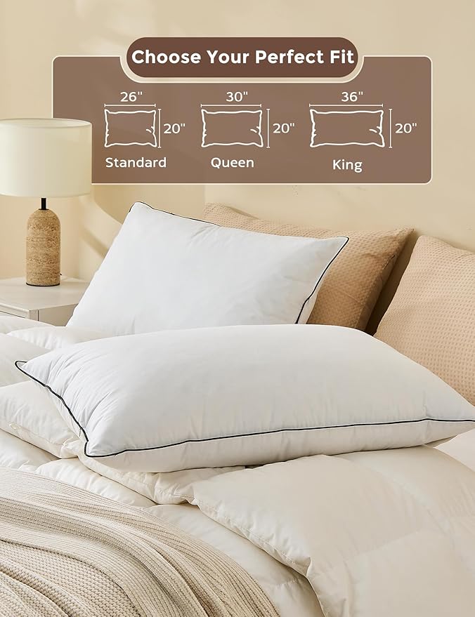 Cobnom® Goose Feather and Down Pillows King Size Set of 2, 3-Chamber Hybrid Bed Pillows with 750 Fill-Power Down Surrounded, 100% Organic Cotton Cover, Medium Firm for All Sleepers(20x36 Inch)