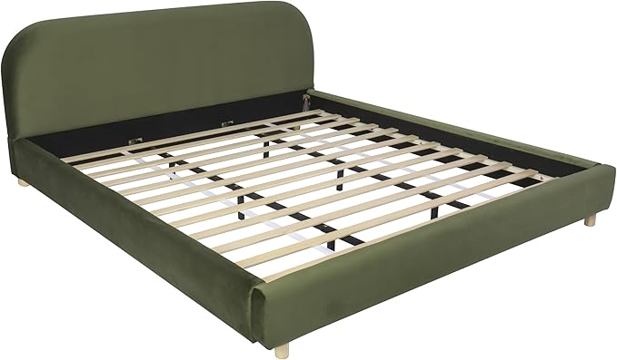 Merax California King Size Teddy Fleece Thick Fabric Upholstered Platform Bed with Curved Shaped Headboard, Wood Bed Frame with Solid Round Legs for Kids Teens Adults, Olive Green
