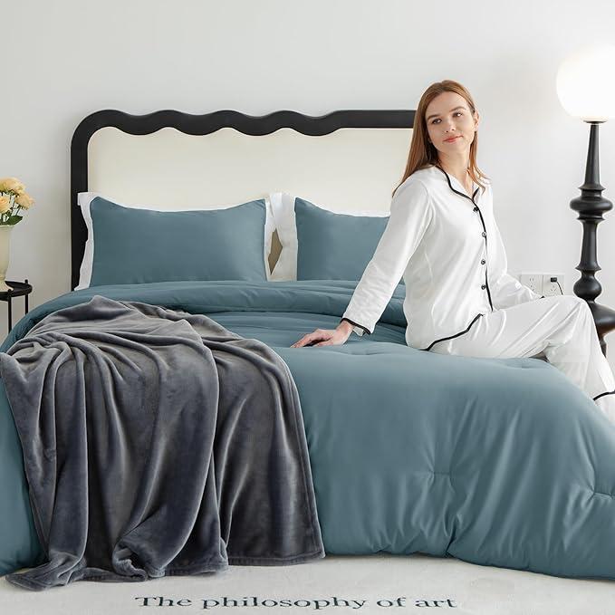 CozyLux Queen Comforter Set Mineral Blue, 3 Pieces Solid Comforters Queen Size Breathable Bedding Sets, Luxury Soft Lightweight Bed Set with Down Alternative Comforter and 2 Pillowcases All Seasons