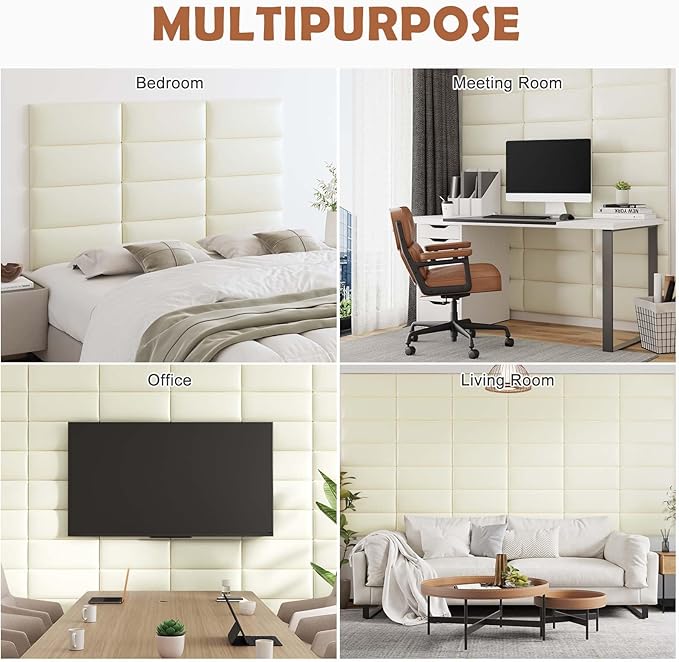 IFNOW Wall Mounted Upholstered Headboard Queen, 3D Peel and Stick Soundproof Wall Panels, Reusable and Removable Padded Headboard Leather Bed, 9 Panels 9.84" x 23.62", Beige