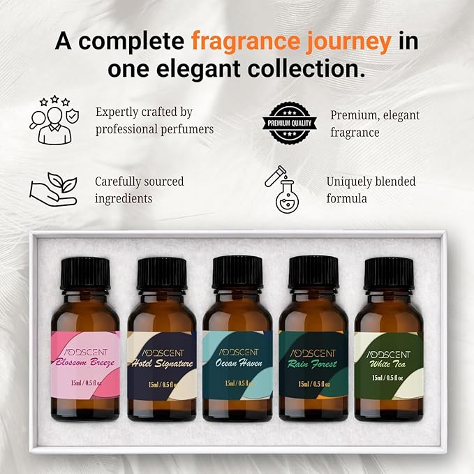 Luxury Hotel Collection Aroma Oils, White Tea Rain Forest Ocean Haven Blossom Breeze Hotel Signature Scents, 5 x 15ml Bottles for Home Office Spa Ambience, Premium Oil Diffuser Set