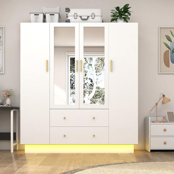 jiteentarou 4 Door Wardrobe Closet with Mirrors and LED Lights, Bedroom Armoire with Drawers and Shelves, Modern Wooden Armoire Wardrobe Closet with Hanging Rod for Bedroom, White